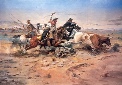 カウボーイが牛にロープをかける 作： Charles Marion Russell