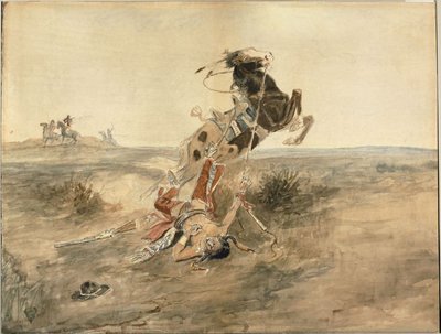 倒れたインディアンの戦士 1886年頃 クリーム色の織紙に水彩、黒鉛 作： Charles Marion Russell