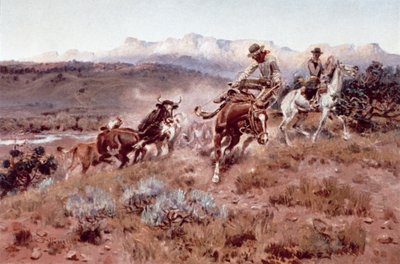 ムール貝でのラウンドアップ（油彩・キャンバス 作： Charles Marion Russell
