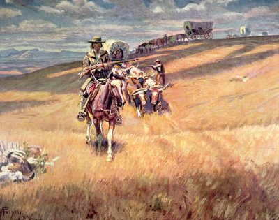 幌馬車の道がおぼろげだった頃」（油彩・キャンバス 作： Charles Marion Russell