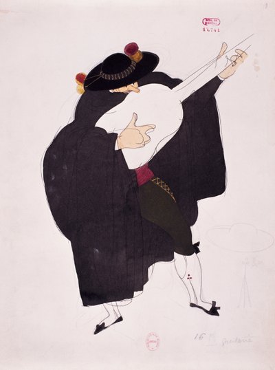 ジョアッキーノ・ロッシーニの『セビリアの理髪師』のギタリストの衣装、チャールズ・マーティン (1884-1934) のスケッチ 作： Charles Martin