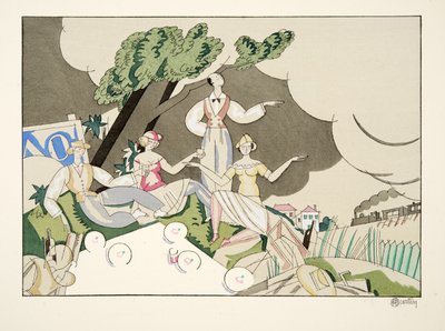 スポーツ＆エンターテイメント、パブからのピクニック。 1914（ステンシルプリント） 作： Charles Martin