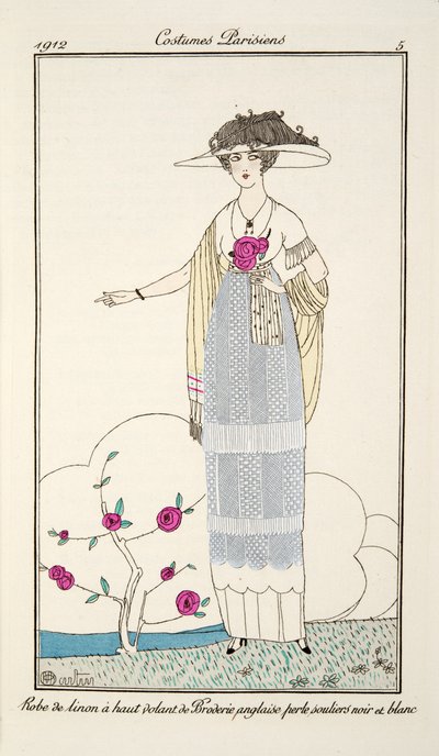1912年のジャーナルデダメスエデモードで発表された、パリのコスチューム、プレート5、パリのコスチューム、英国刺繍の真珠の高いフリルが施されたリネンドレス、1912年（手描きの彫刻） 作： Charles Martin
