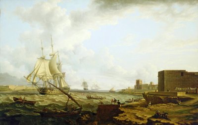 マホン港（スペイン）に入港する英国海軍の3級戦艦と、右側のドックに士官を運ぶ小型船 作： Charles Martin Powell