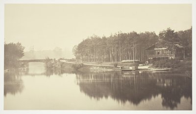 無題、c。 1850. [パリの公園、ブローニュの森の橋とシャレー]。 作： Charles Marville