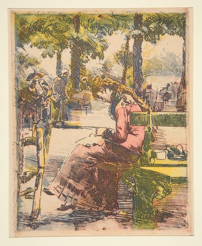 若い女の子, ベンチで, 裁縫 作： Charles Maurin