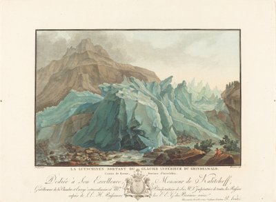 1785 年、グリンデルヴァルト下氷河から現れるリュッツィネ川。 作： Charles Melchior Descourtis