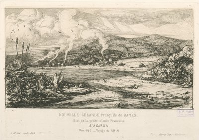 フランスの小さな植民地アカロアの様子、「Etchings of the Pacific...」からのイラスト。 作： Charles Meryon