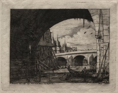パリのエッチング：ノートルダム橋のアーチ、1853年。 作： Charles Meryon