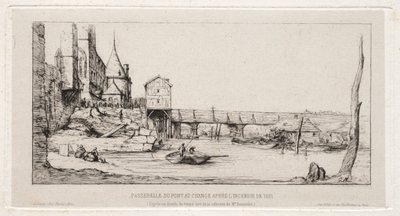 1621 年の火事の後、パリの交換橋を一時的に交換する歩道橋 作： Charles Meryon