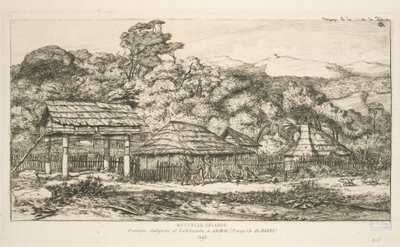 バンクス半島アカロアの先住民の穀倉と住居、「Etchings of the Pacific」のイラスト 作： Charles Meryon