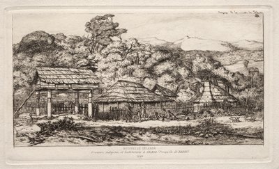 1845年、バンクス半島のアカロアにある原住民の納屋と小屋 作： Charles Meryon