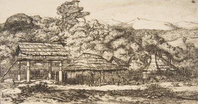 バンクス半島のアカロアにある原住民の納屋と小屋、1845 年、1860 年。 作： Charles Meryon