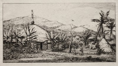 ニューカレドニア：バラデからプエボへの道にある大きな原住民の小屋、1845年 作： Charles Meryon