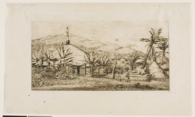 ニューカレドニア：バラデからプエポへの道にある大きな原住民の小屋、1845年 作： Charles Meryon