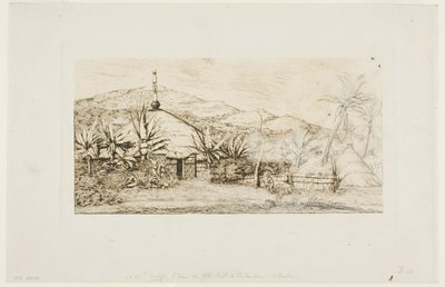 ニューカレドニア：バラデからプエポへの道にある大きな原住民の小屋、1845年 作： Charles Meryon
