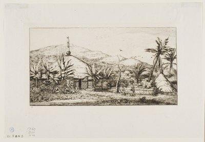 ニューカレドニア：バラデからプエポへの道にある大きな原住民の小屋、1845年 作： Charles Meryon