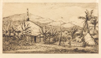 ニューカレドニア：バラードからポエボへの道にある大きな原住民の小屋、1845年 作： Charles Meryon