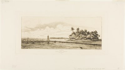 オセアニア：釣り、ウエアまたはウォリスグループのヤシの木のある島の近く、1845 作： Charles Meryon