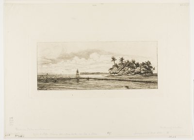オセアニア：釣り、ウエアまたはウォリスグループのヤシの木のある島の近く、1845 作： Charles Meryon
