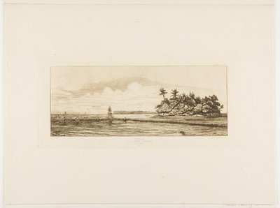 オセアニア漁業、ウイア群またはウォリス群におけるヤシの木のある島々付近、1845年 作： Charles Meryon