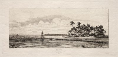 オセアニア: Uea または Wallis グループのヤシのある島の近くでの釣り、1845 年 作： Charles Meryon