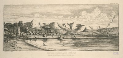 バンクス半島、チャコール・ヘッドランド、アカロア、地引き網漁、「Etchings of the Pacific」のイラスト 作： Charles Meryon