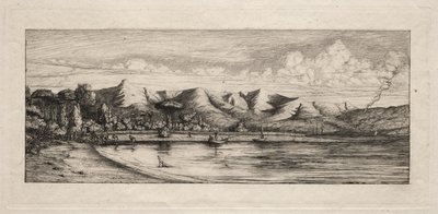 チャコールバーナーズポイント沖のセーヌ釣り、アカロア、1865年。 作： Charles Meryon