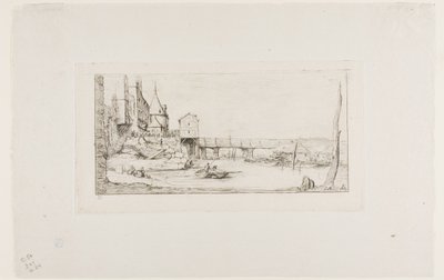 1621 年の火事の後、パリのポントウ チェンジを一時的に置き換える歩道橋 作： Charles Meryon