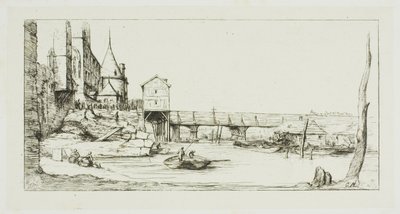 1621 年の火事の後、パリのポントウ チェンジを一時的に置き換える歩道橋 作： Charles Meryon
