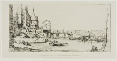 1621 年の火事の後、パリのポントウ チェンジを一時的に置き換える歩道橋 作： Charles Meryon