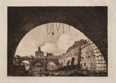 最初のアーチの下から見た新しい橋とサマリテーヌ...、1855年。 作： Charles Meryon
