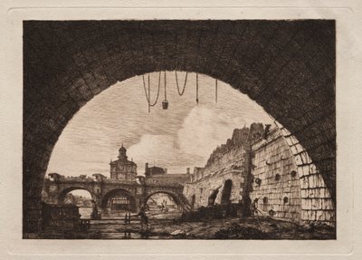パリ、交換橋の最初のアーチの下から見た新しい橋とサマリア人 作： Charles Meryon