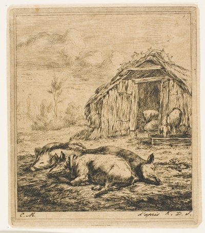 小屋の前に横たわる 3 匹の豚 作： Charles Meryon