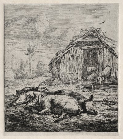 ものもらいの前に横たわる 3 匹の豚 作： Charles Meryon