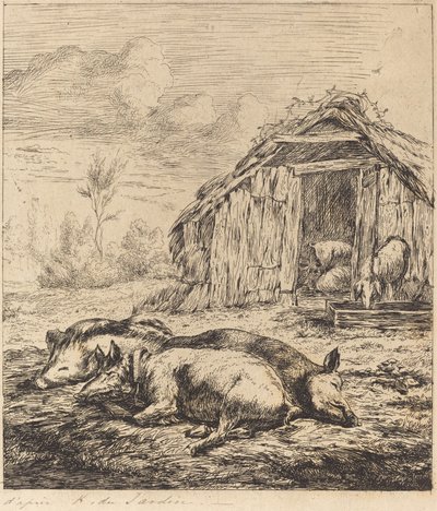 馬小屋の前に横たわる三匹の豚 (馬小屋の前に横たわる三匹の豚) 作： Charles Meryon after Karel Dujardin