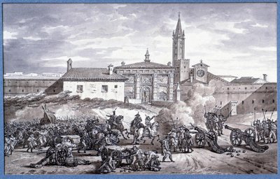 イタリアのキャンペーン"Napoleon Bonaparte (1769-1821) and marechal Augereau set a door of Verona in Italy with a cannon in 1796" Charles Meynier (1768-1832)に帰属するペンによるドローイング。薄さ0.25x0.4m パリ、ルーヴル美術館 作： Charles Meynier
