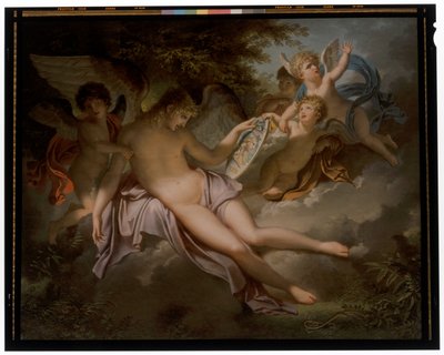 プシュケの肖像画を手に止めたキューピッドは、プシュケを失って泣いている。 作： Charles Meynier