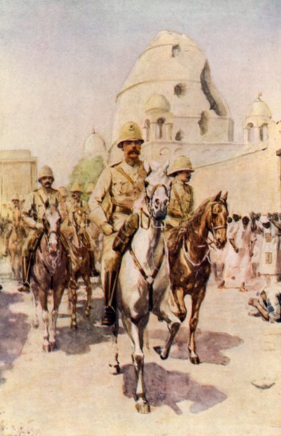 戦いの後、オムドゥルマンに入るキッチナー卿（カラーリトグラフ） 作： Charles Mills (after) Sheldon