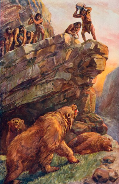 大洞窟のクマを襲う先史時代の男性 作： Charles Mills Sheldon