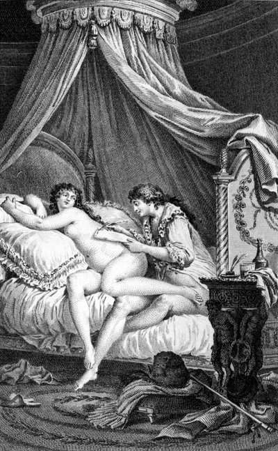 ショデルロス・ド・ラクロの「危険な関係」の挿絵。シャルル・モネ（1732-1808）による版画。ヴァルモンがエミリー（宮廷女官）の背中に手紙を書いている様子。 作： Charles Monnet