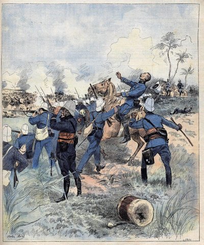 司令官フォーラクスは、1892年のアケレル・ド・モレルの後、1892年9月19日にダホメー（現ベナン）で行われたドグバの戦いで戦死した。 作： Charles Morel