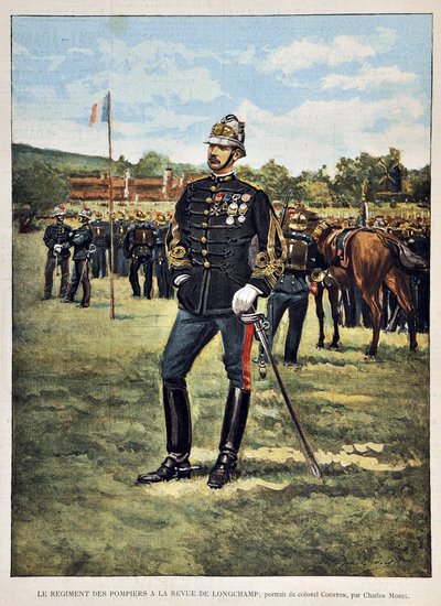 消防連隊は、Charles Morel（1861-1908）のイラストによるLongchamps誌（Couston大佐の肖像）を持っています。1887年の「Paris-Illustrous journal weekly」に掲載されたエングレーヴィング。 作： Charles Morel