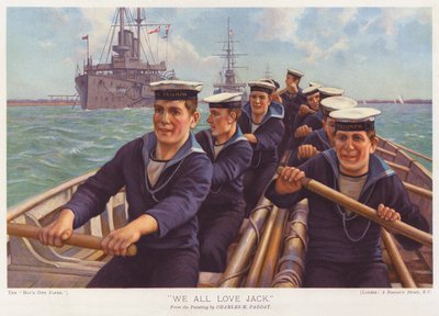 港を漕いで渡るHMSトライアンフの船員たち（カラーリトグラフ） 作： チャールズ・マレー (後) パデイ