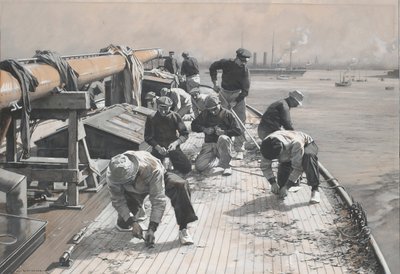 23メートルのレーシングボートの建造、ブリンヒルド橋の擦過。素描と水彩（35x47.9cm）、チャールズ・M・パッドデイ()作、20世紀初頭。 作： チャールズ・マレー・パディ