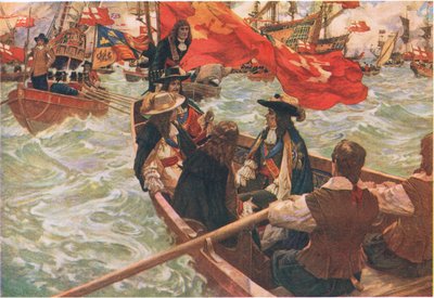 チャールズ2世の帰郷 ウェイヴァリー・ブック社刊『キャセルズ英国史』より 1940年頃（カラーリトグラフ） 作： チャールズ・マレー・パディ