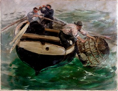 ロブスターポットでの運搬（紙に油を塗る） 作： Charles Napier Hemy