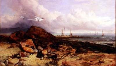漁船とアジサシのいる海岸の風景 作： Charles Napier Hemy