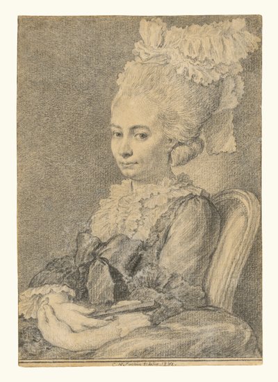 扇子を持つ若い女性の肖像 作： Charles Nicolas Cochin II