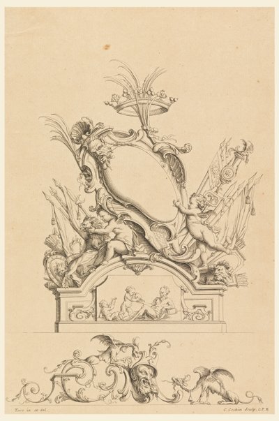 「Cartouches Nouvellement Inventez」より王冠、2 つのプッティ サービング バッカス、2 つのライオンのカルトゥーシュのデザイン 作： Charles Nicolas Cochin the younger